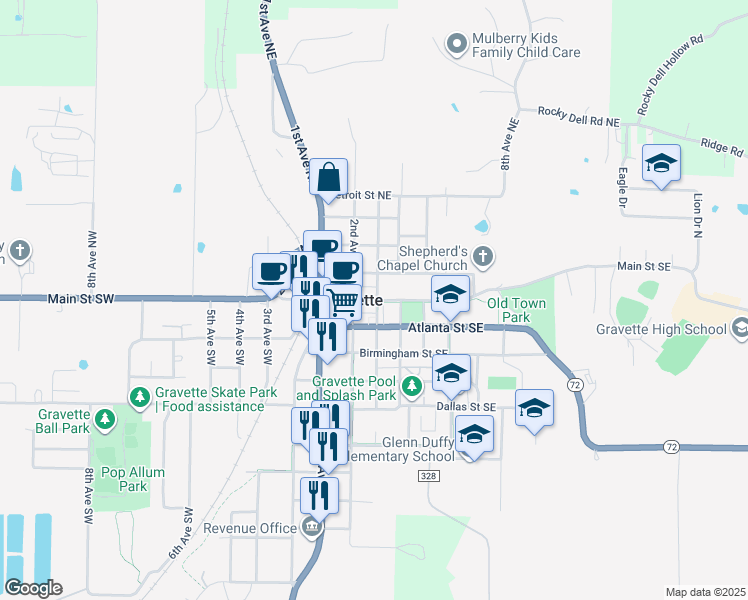 map of restaurants, bars, coffee shops, grocery stores, and more near 279 Main Street Southeast in Gravette