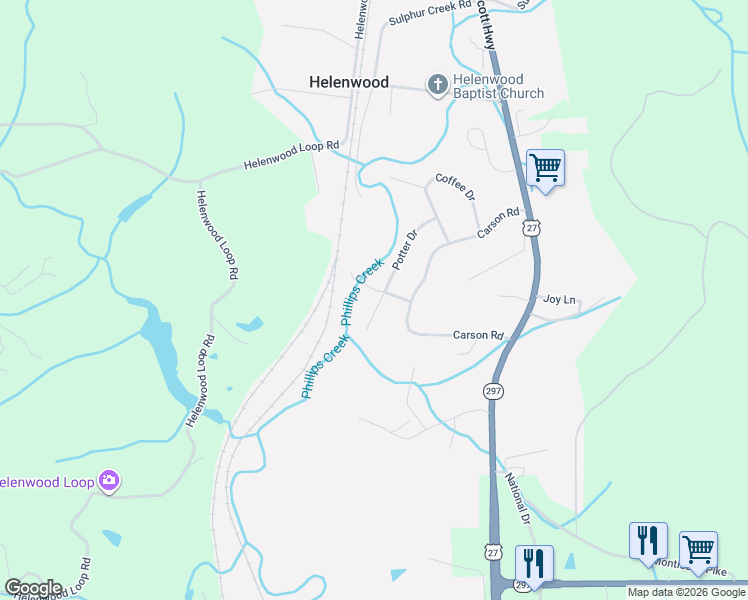 map of restaurants, bars, coffee shops, grocery stores, and more near 314 Potter Drive in Helenwood
