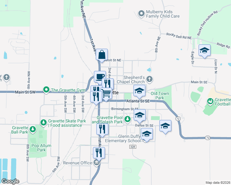 map of restaurants, bars, coffee shops, grocery stores, and more near 279 Main Street Southeast in Gravette
