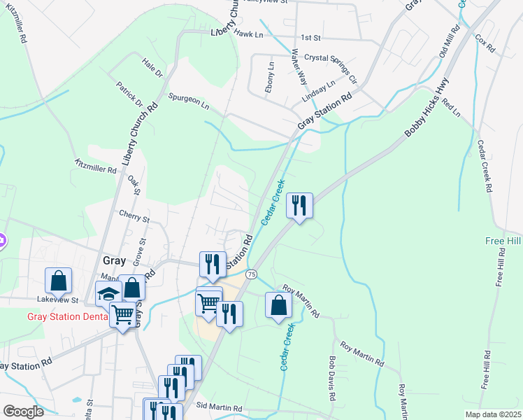 map of restaurants, bars, coffee shops, grocery stores, and more near 568 Gray Station Road in Gray