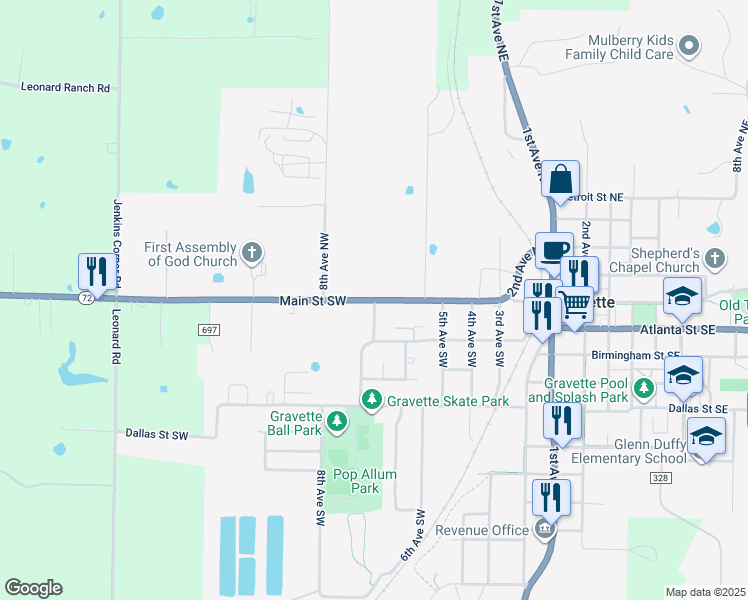 map of restaurants, bars, coffee shops, grocery stores, and more near 101 Westfield Street in Gravette