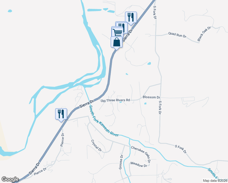 map of restaurants, bars, coffee shops, grocery stores, and more near 40585-40757 Sierra Dr in Three Rivers