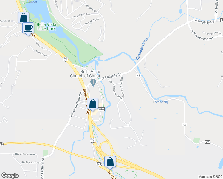 map of restaurants, bars, coffee shops, grocery stores, and more near 3809 Northwest Creekstone Boulevard in Bentonville