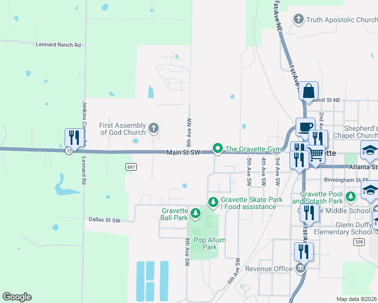 map of restaurants, bars, coffee shops, grocery stores, and more near 719 Main Street Northwest in Gravette