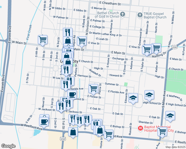 map of restaurants, bars, coffee shops, grocery stores, and more near 419 Waddell Street in Union City