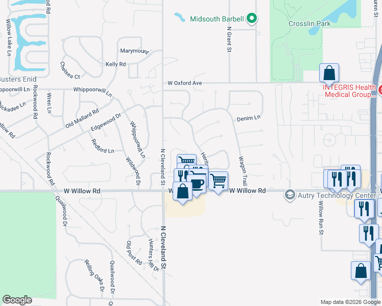 map of restaurants, bars, coffee shops, grocery stores, and more near 2542 Homestead Road in Enid