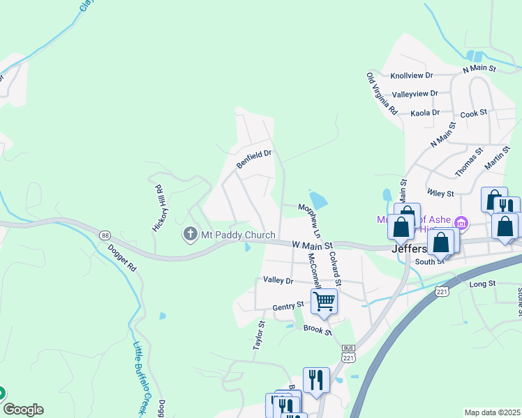 map of restaurants, bars, coffee shops, grocery stores, and more near 208 Lawson Lane in Jefferson