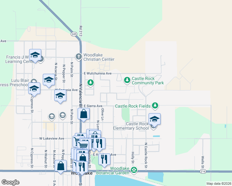 map of restaurants, bars, coffee shops, grocery stores, and more near 450 East Sequoia Avenue in Woodlake
