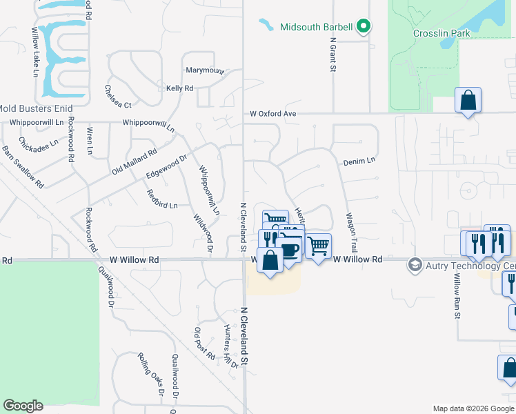 map of restaurants, bars, coffee shops, grocery stores, and more near 2542 Homestead Road in Enid