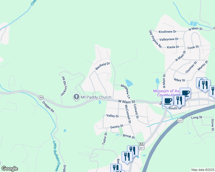 map of restaurants, bars, coffee shops, grocery stores, and more near 208 Lawson Lane in Jefferson