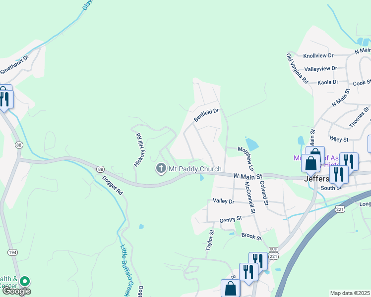 map of restaurants, bars, coffee shops, grocery stores, and more near 127 McNeill Hill Road in Jefferson