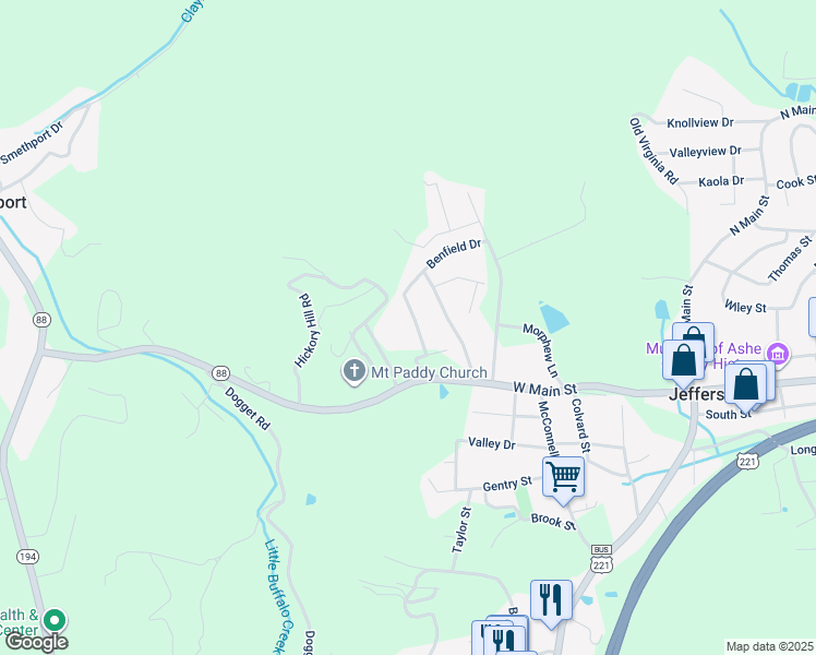 map of restaurants, bars, coffee shops, grocery stores, and more near 127 McNeill Hill Road in Jefferson