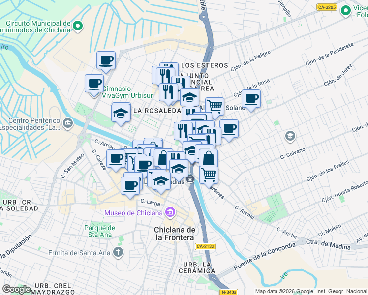 map of restaurants, bars, coffee shops, grocery stores, and more near 6 Calle de San Antonio in Chiclana de la Frontera