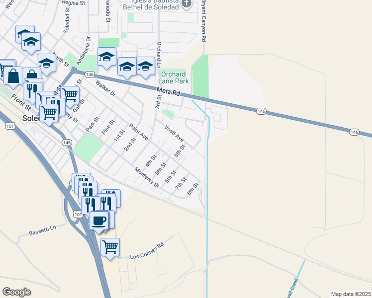 map of restaurants, bars, coffee shops, grocery stores, and more near 1708 Vosti Avenue in Soledad