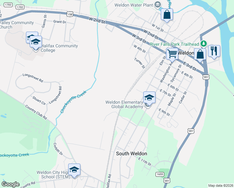 map of restaurants, bars, coffee shops, grocery stores, and more near 303 West 10th Street in Weldon