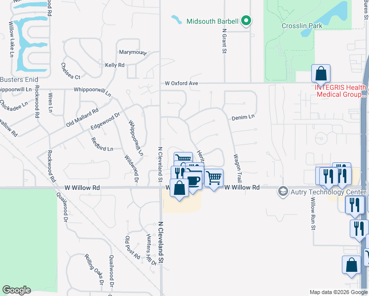 map of restaurants, bars, coffee shops, grocery stores, and more near 2542 Homestead Road in Enid