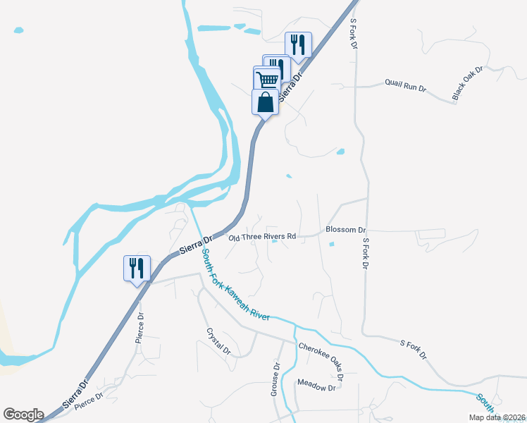 map of restaurants, bars, coffee shops, grocery stores, and more near 40675 Old 3 Rivers Rd in Three Rivers