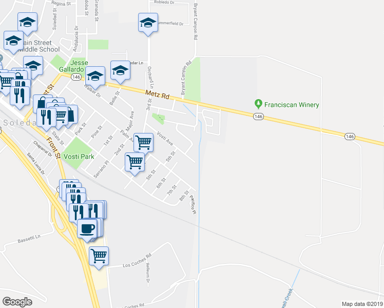 map of restaurants, bars, coffee shops, grocery stores, and more near 1778 Johnson Drive in Soledad