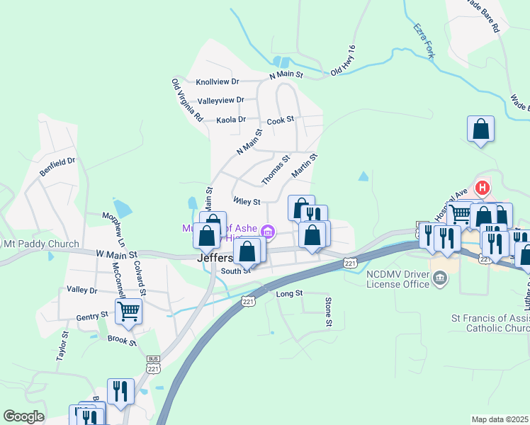 map of restaurants, bars, coffee shops, grocery stores, and more near 129 Ashe Street in Jefferson