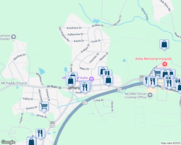 map of restaurants, bars, coffee shops, grocery stores, and more near 129 Ashe Street in Jefferson