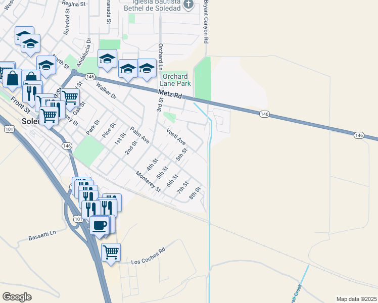 map of restaurants, bars, coffee shops, grocery stores, and more near 1708 Vosti Avenue in Soledad