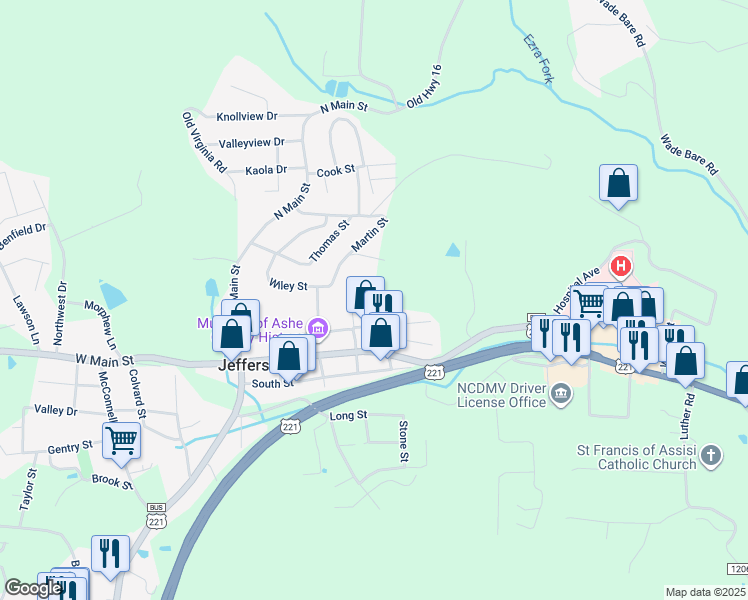 map of restaurants, bars, coffee shops, grocery stores, and more near 126 Eller Street in Jefferson