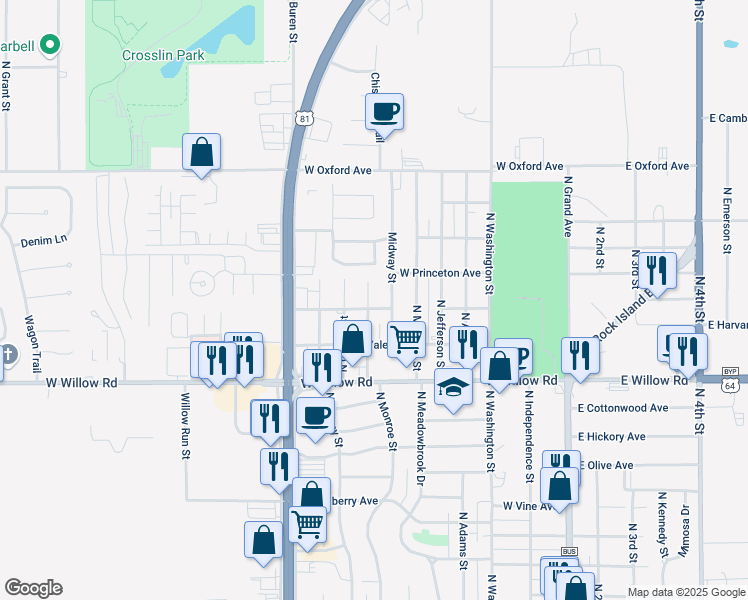 map of restaurants, bars, coffee shops, grocery stores, and more near 2614 North Monroe Street in Enid