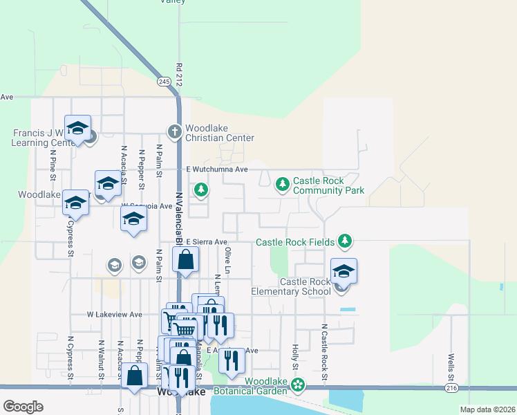 map of restaurants, bars, coffee shops, grocery stores, and more near 450 East Sequoia Avenue in Woodlake
