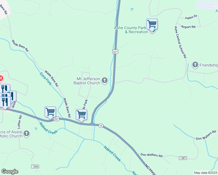 map of restaurants, bars, coffee shops, grocery stores, and more near 1895 U.S. Highway 221 North in Jefferson