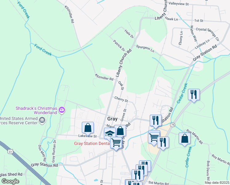 map of restaurants, bars, coffee shops, grocery stores, and more near 344 Liberty Church Road in Gray