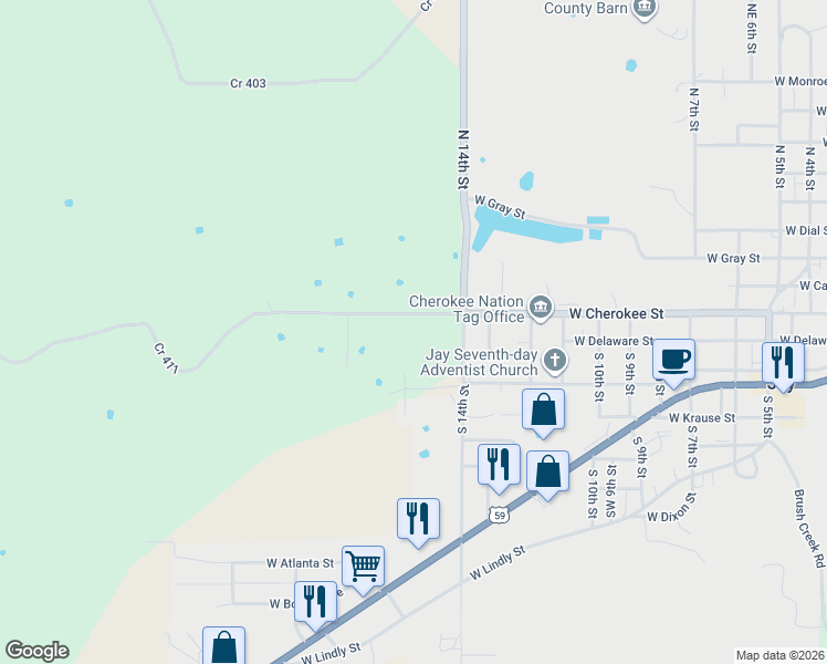 map of restaurants, bars, coffee shops, grocery stores, and more near 10907 County Road 411 in Jay