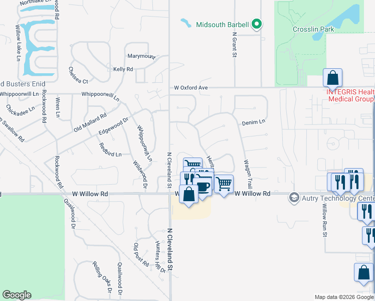 map of restaurants, bars, coffee shops, grocery stores, and more near 2542 Homestead Rd in Enid