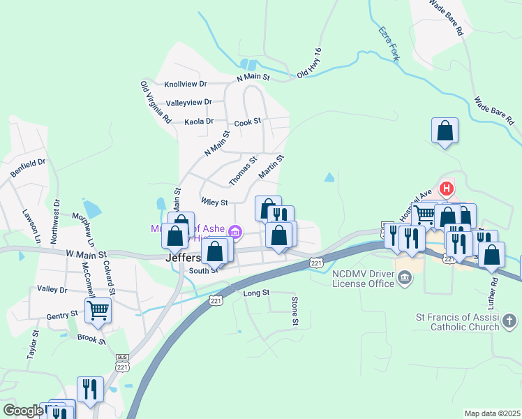 map of restaurants, bars, coffee shops, grocery stores, and more near 124 Eller Street in Jefferson
