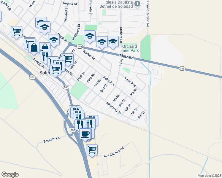 map of restaurants, bars, coffee shops, grocery stores, and more near 285 3rd Street in Soledad