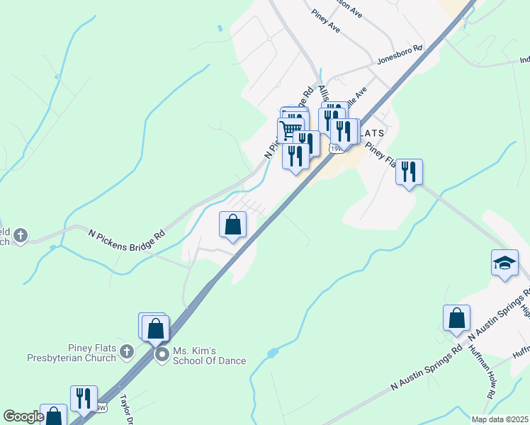 map of restaurants, bars, coffee shops, grocery stores, and more near 6100 Highway 11 East in Piney Flats