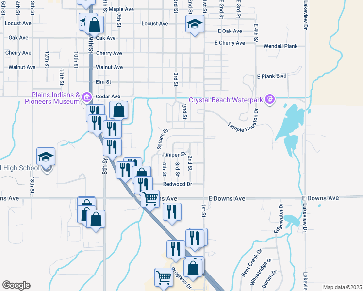 map of restaurants, bars, coffee shops, grocery stores, and more near 207 Ponderosa Drive in Woodward