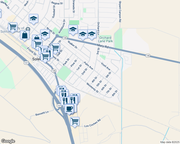 map of restaurants, bars, coffee shops, grocery stores, and more near 285 3rd Street in Soledad