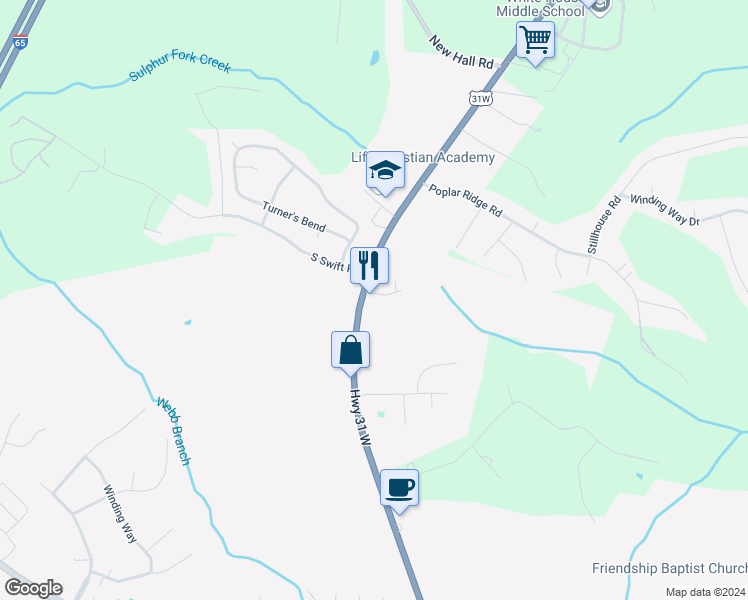map of restaurants, bars, coffee shops, grocery stores, and more near 102A-B Ellis Lane in Goodlettsville