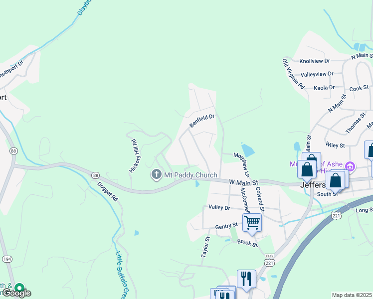 map of restaurants, bars, coffee shops, grocery stores, and more near 130 McNeill Hill Road in Jefferson