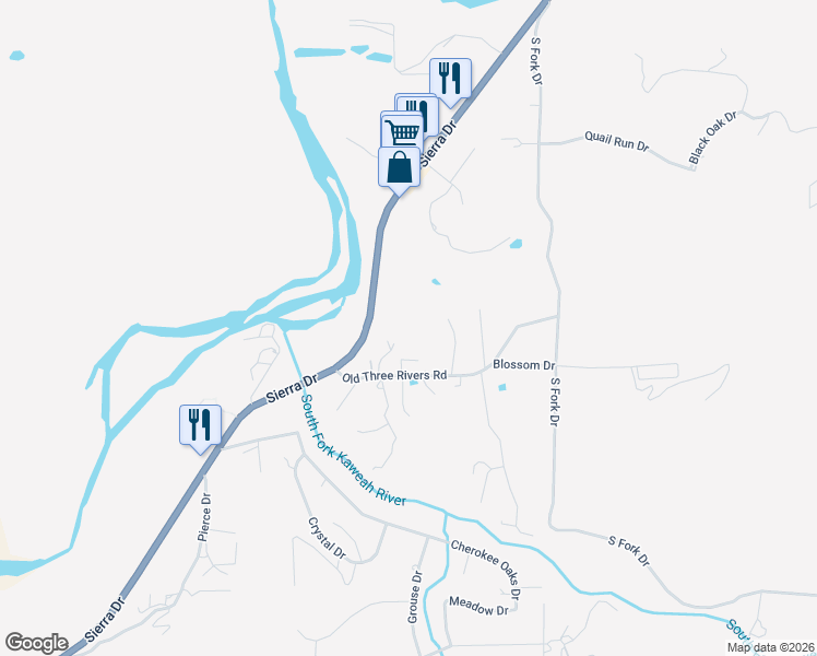 map of restaurants, bars, coffee shops, grocery stores, and more near 40675 Old 3 Rivers Rd in Three Rivers