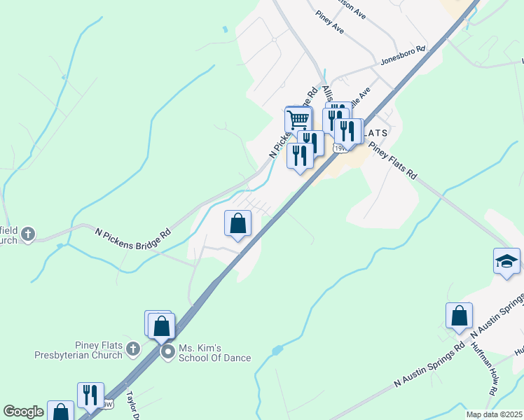 map of restaurants, bars, coffee shops, grocery stores, and more near 6100 Highway 11 East in Piney Flats