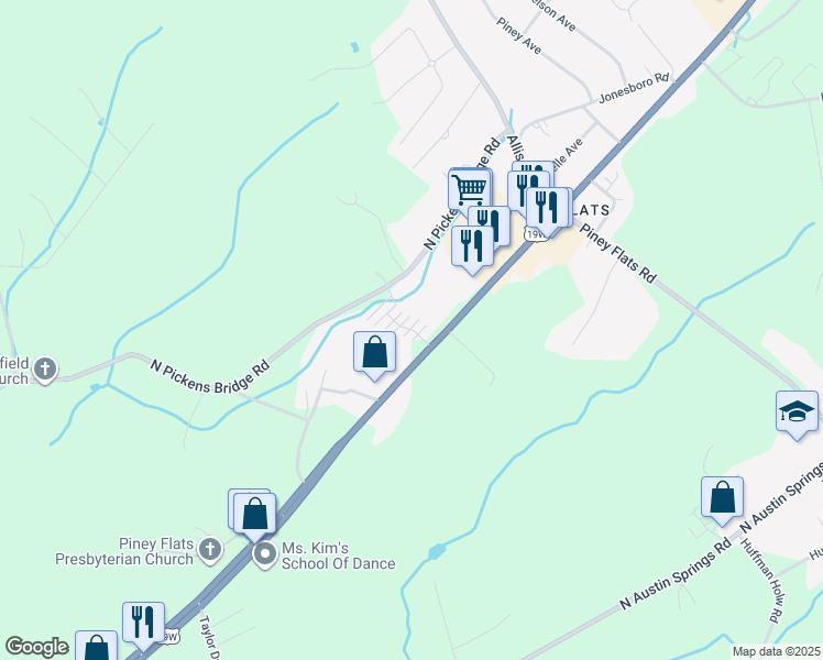 map of restaurants, bars, coffee shops, grocery stores, and more near 6100 Highway 11 East in Piney Flats