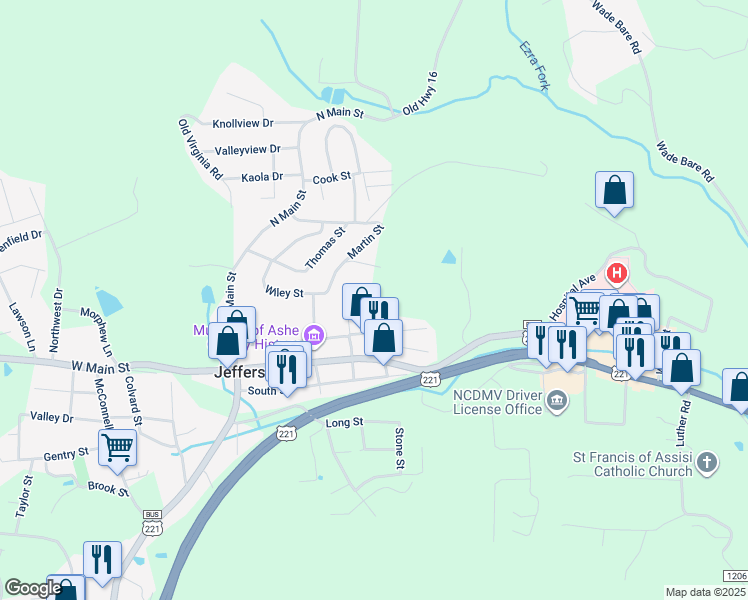 map of restaurants, bars, coffee shops, grocery stores, and more near 126 Eller Street in Jefferson