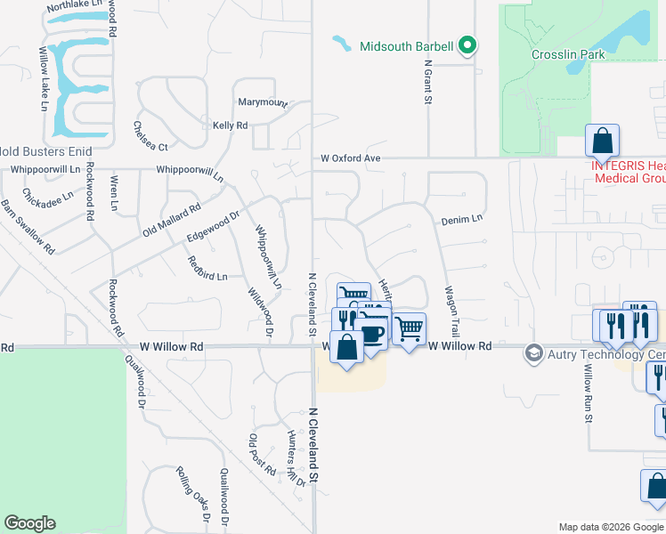 map of restaurants, bars, coffee shops, grocery stores, and more near 2542 Homestead Road in Enid