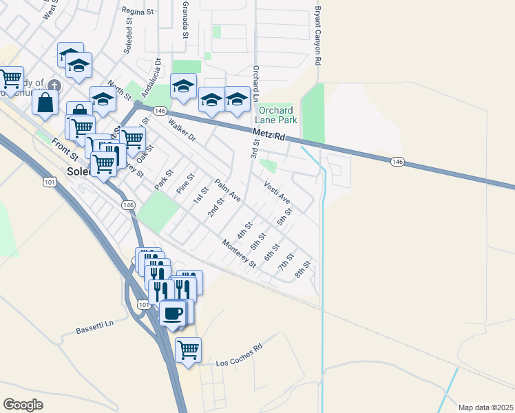 map of restaurants, bars, coffee shops, grocery stores, and more near 1527 Palm Avenue in Soledad