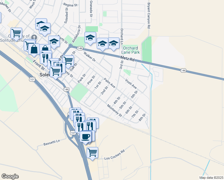 map of restaurants, bars, coffee shops, grocery stores, and more near 1450 Palm Avenue in Soledad