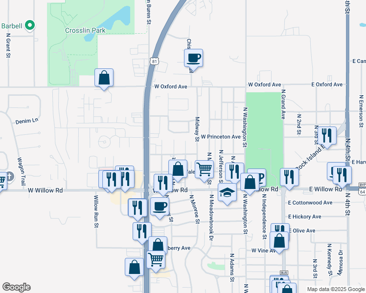map of restaurants, bars, coffee shops, grocery stores, and more near 2614 North Monroe Street in Enid