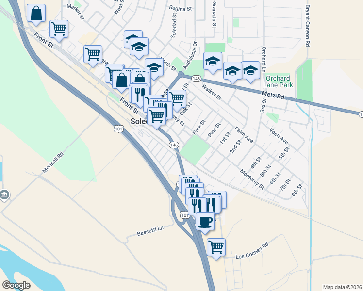 map of restaurants, bars, coffee shops, grocery stores, and more near 1060 State Street in Soledad