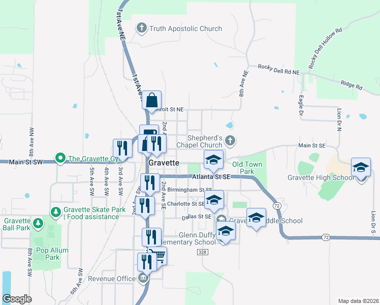 map of restaurants, bars, coffee shops, grocery stores, and more near 413 Akron Street Northeast in Gravette
