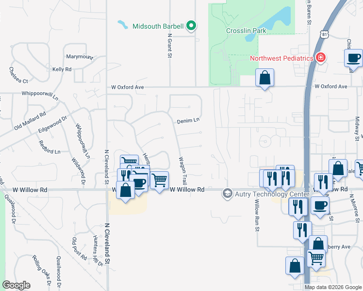 map of restaurants, bars, coffee shops, grocery stores, and more near 1818 Calico Lane in Enid